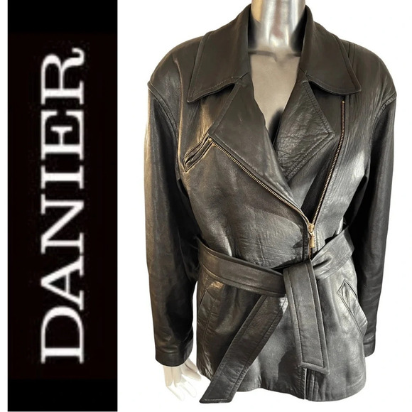 Danier Jackets & Blazers - Danier Leather Coat Motorcycle Jacket Black Leather Belted  Coat Small